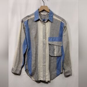 Cassidy Cotton Linen Striped Button Shirt Mens S Blue Gray Boho Retro 90s Y2K